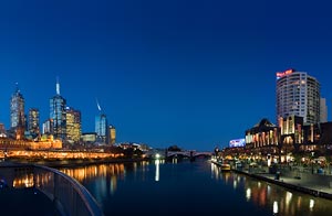 A panorama of Melbourne's Yarra River at twilight, Victoria, Australia