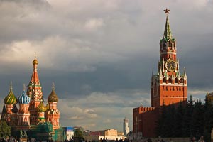 St. Basil's Cathedral and Spasskaya Tower of Kremlin, Red Square -Moscow, Russia